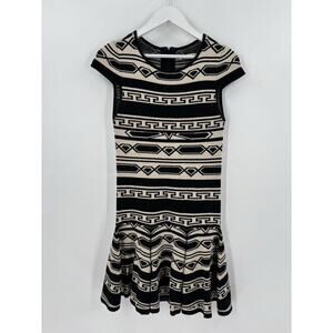 Alice + Olivia Darby Knit Dress Womens Small Black Beige Ruffle Striped Stretchy